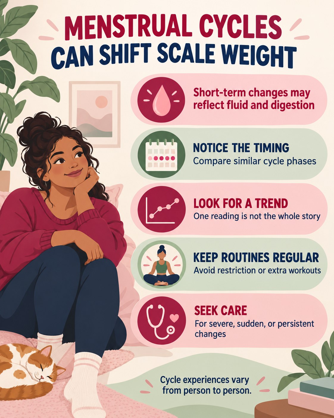 Raspberry, navy, blush, sage, and cream infographic explaining menstrual-cycle timing, short-term scale trends, regular routines, and when to seek care.