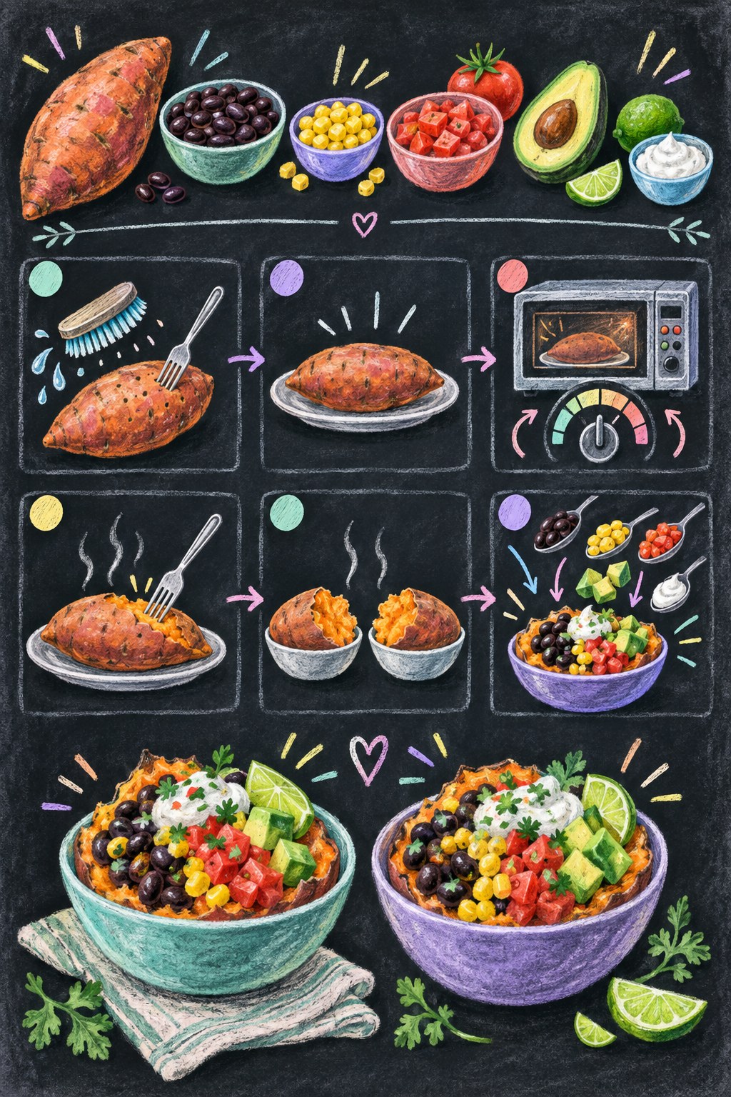 Chalkboard recipe infographic showing sweet potato preparation, microwave steps, toppings, and two finished black-bean bowls.