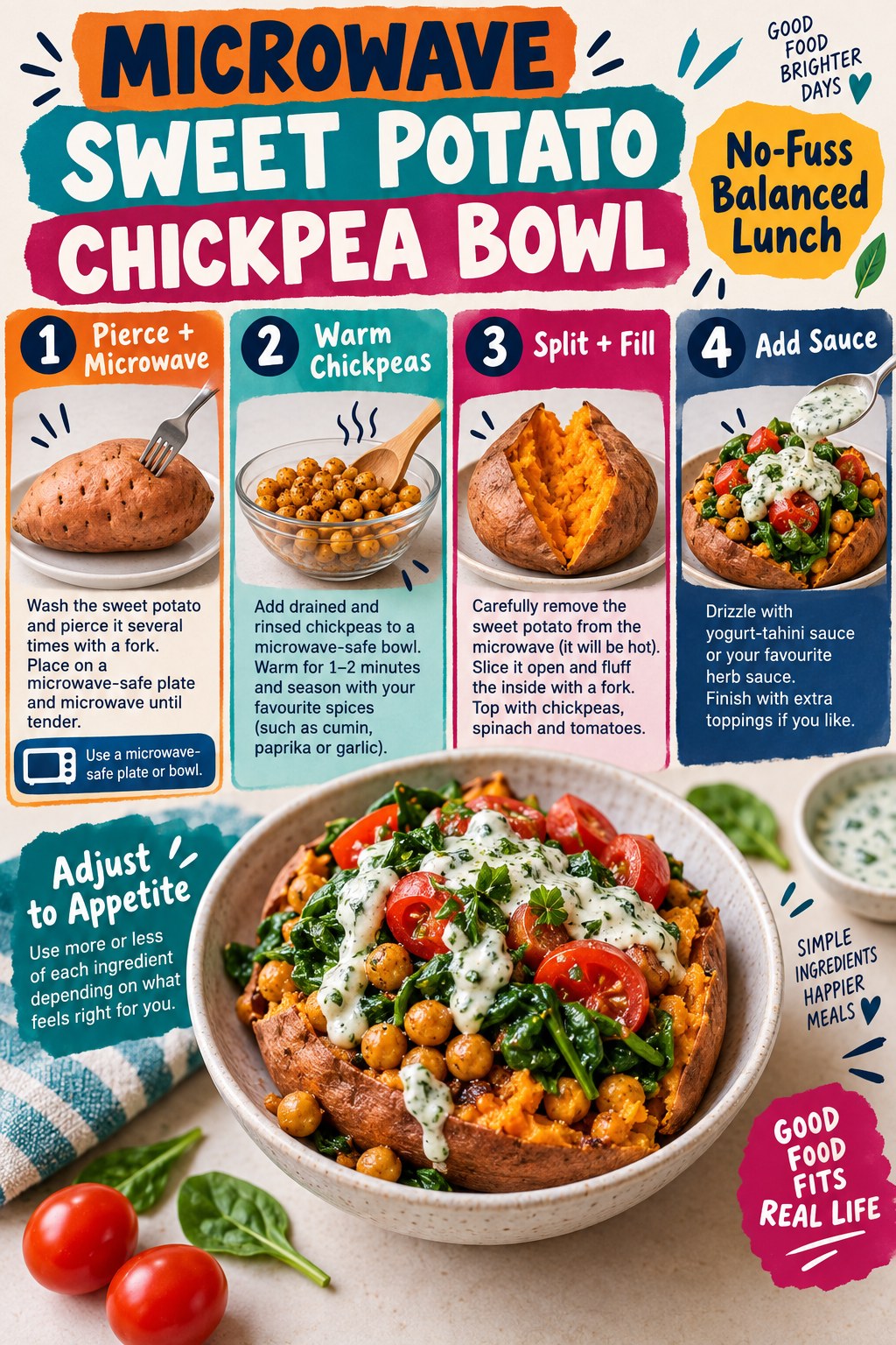 Portrait recipe infographic showing a microwave sweet potato filled with chickpeas, spinach, tomatoes, and herb sauce in four steps.