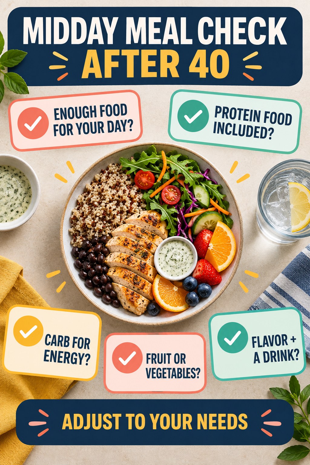 Portrait infographic titled Midday Meal Check After 40 showing a balanced bowl and five questions about enough food, protein, carbohydrate, fruit or vegetables, flavor, and a drink.
