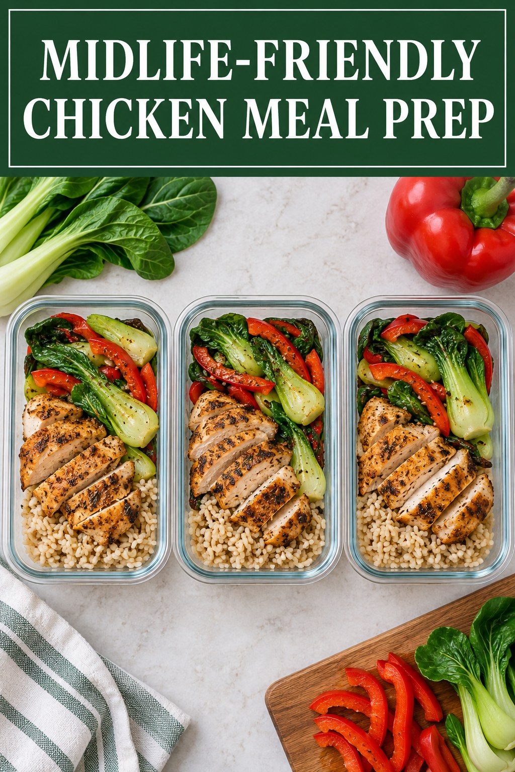 Three containers of midlife-friendly chicken brown rice prep boxes with chicken, brown rice, bok choy, and bell pepper.