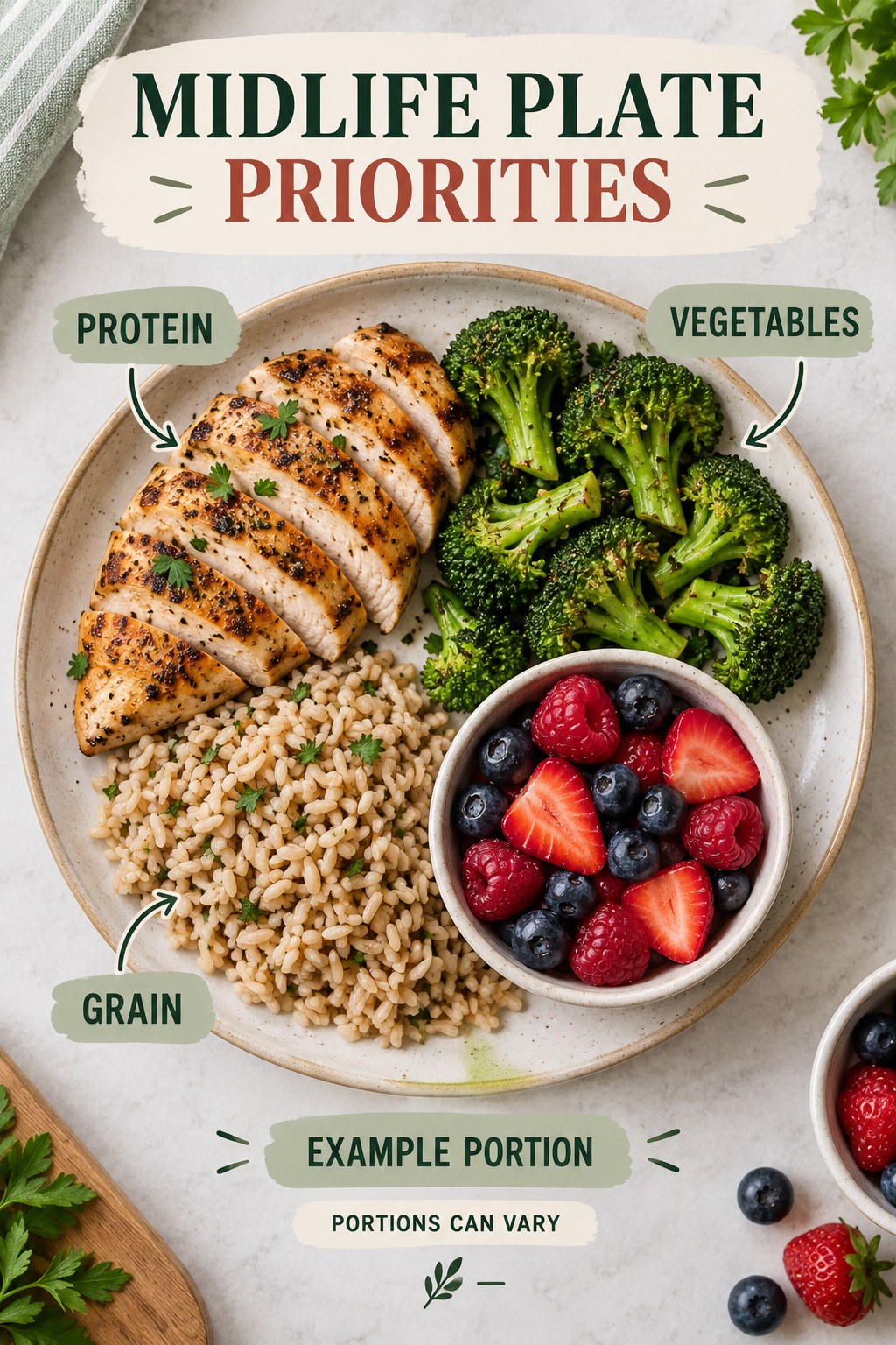 Midlife Plate Priorities visual using grilled chicken, brown rice, broccoli, and berries as flexible example portions for Weight Loss After 40.