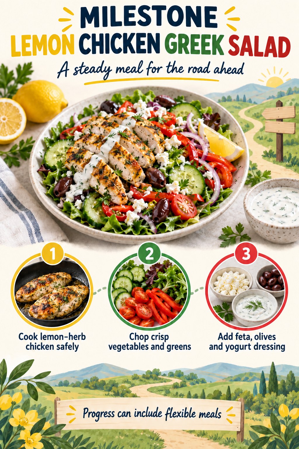Lemon chicken Greek salad infographic with cucumber, tomatoes, peppers, olives, feta, greens, yogurt, and three steps.