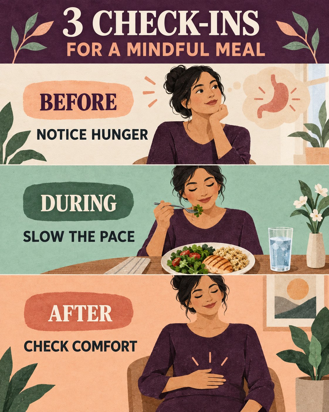 Aubergine, apricot, and seafoam infographic showing before, during, and after mindful meal check-ins.
