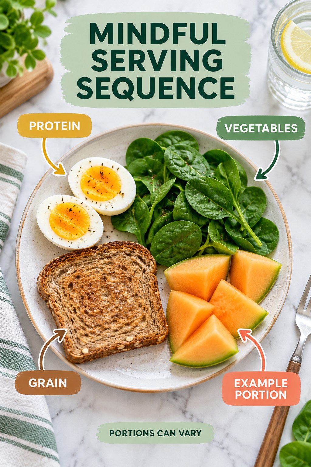Mindful Serving Sequence visual using eggs, whole-grain toast, spinach, and melon as flexible example portions for Healthy Eating.