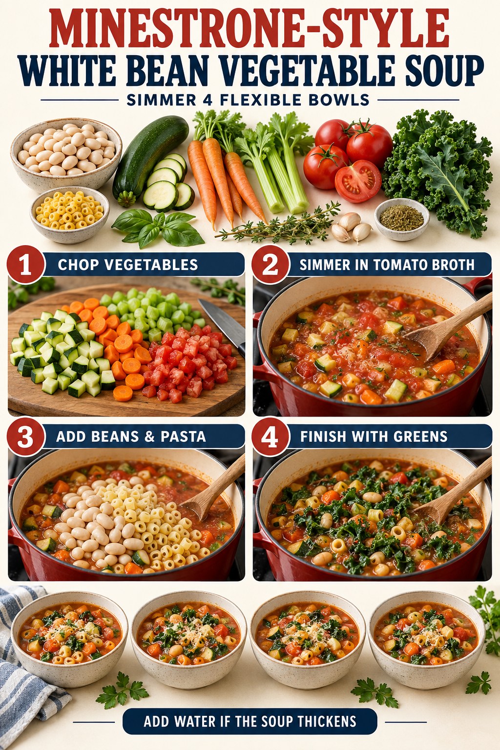 Minestrone-style soup with white beans, tomatoes, carrots, celery, zucchini, spinach, and pasta.