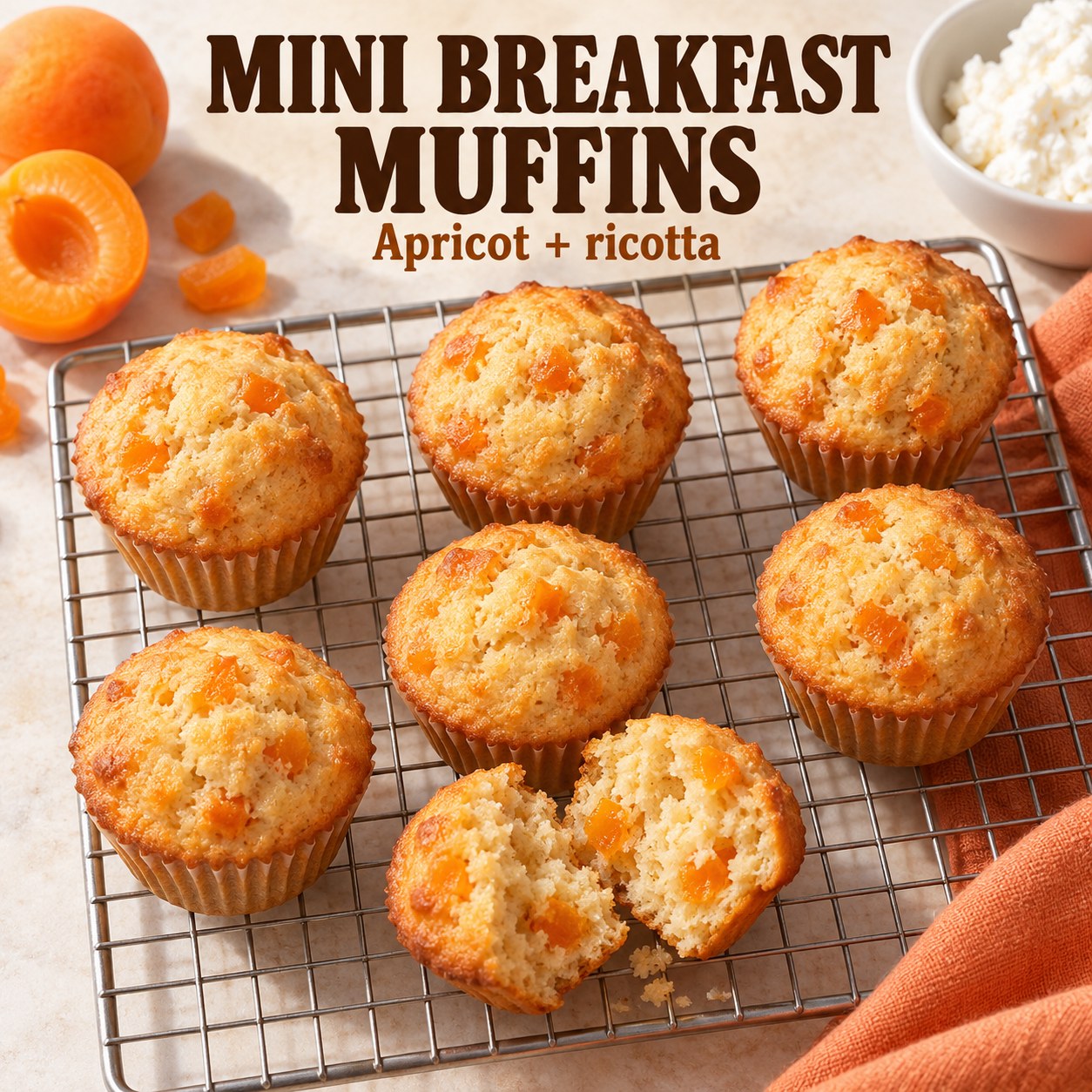 Small golden apricot ricotta muffins on a cooling rack beneath the words Mini Breakfast Muffins.