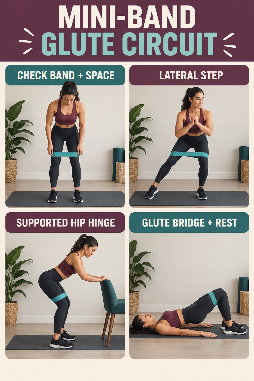 Mini-band glute circuit infographic showing band check, lateral step, supported hip hinge, glute bridge, and rest.