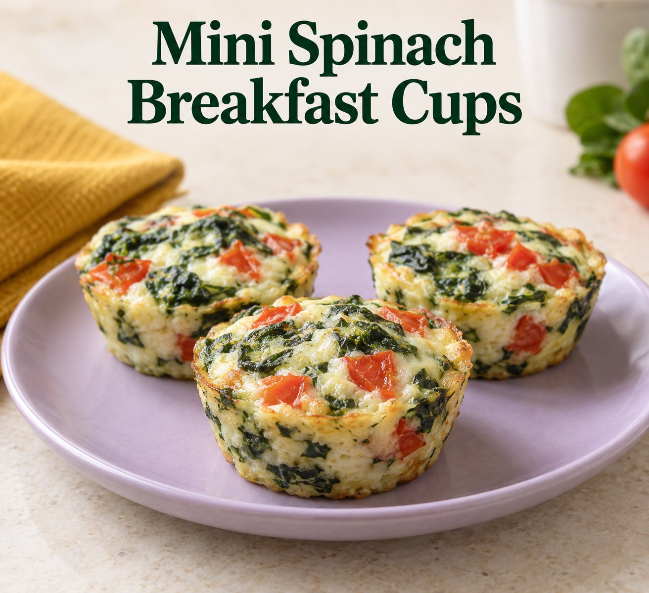 Mini egg white cups with spinach and tomato beneath the words Mini Spinach Breakfast Cups.