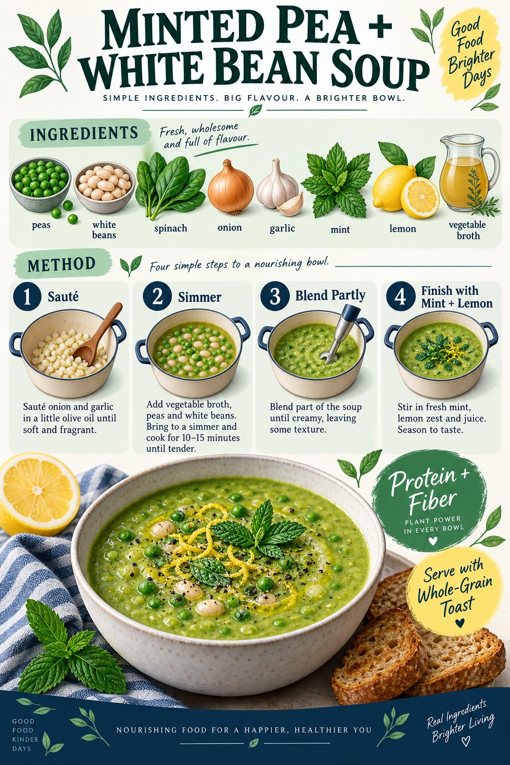 Portrait recipe infographic showing peas, white beans, spinach, onion, garlic, mint, lemon, broth, and four soup steps.
