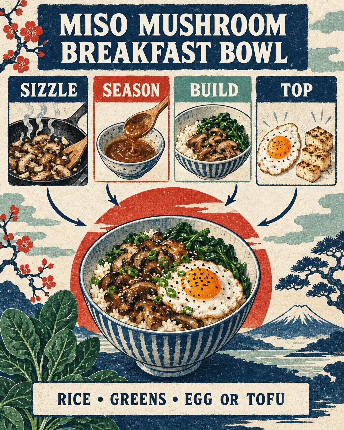 Indigo, vermilion, seafoam, cream, and charcoal woodblock recipe infographic for a miso mushroom breakfast bowl.