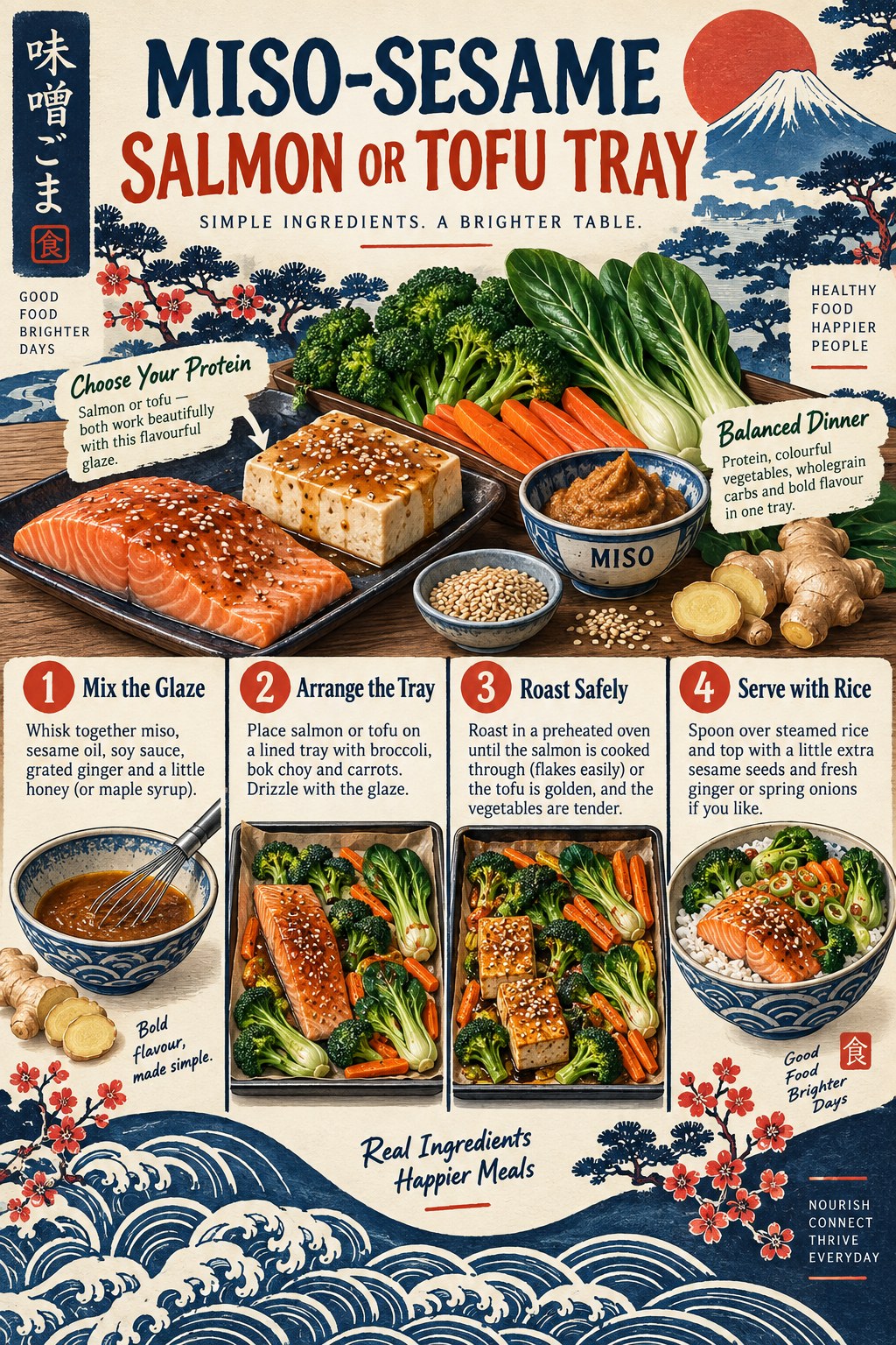 Portrait recipe infographic showing salmon or tofu, broccoli, bok choy, carrots, miso, sesame, ginger, rice, and four tray-bake steps.