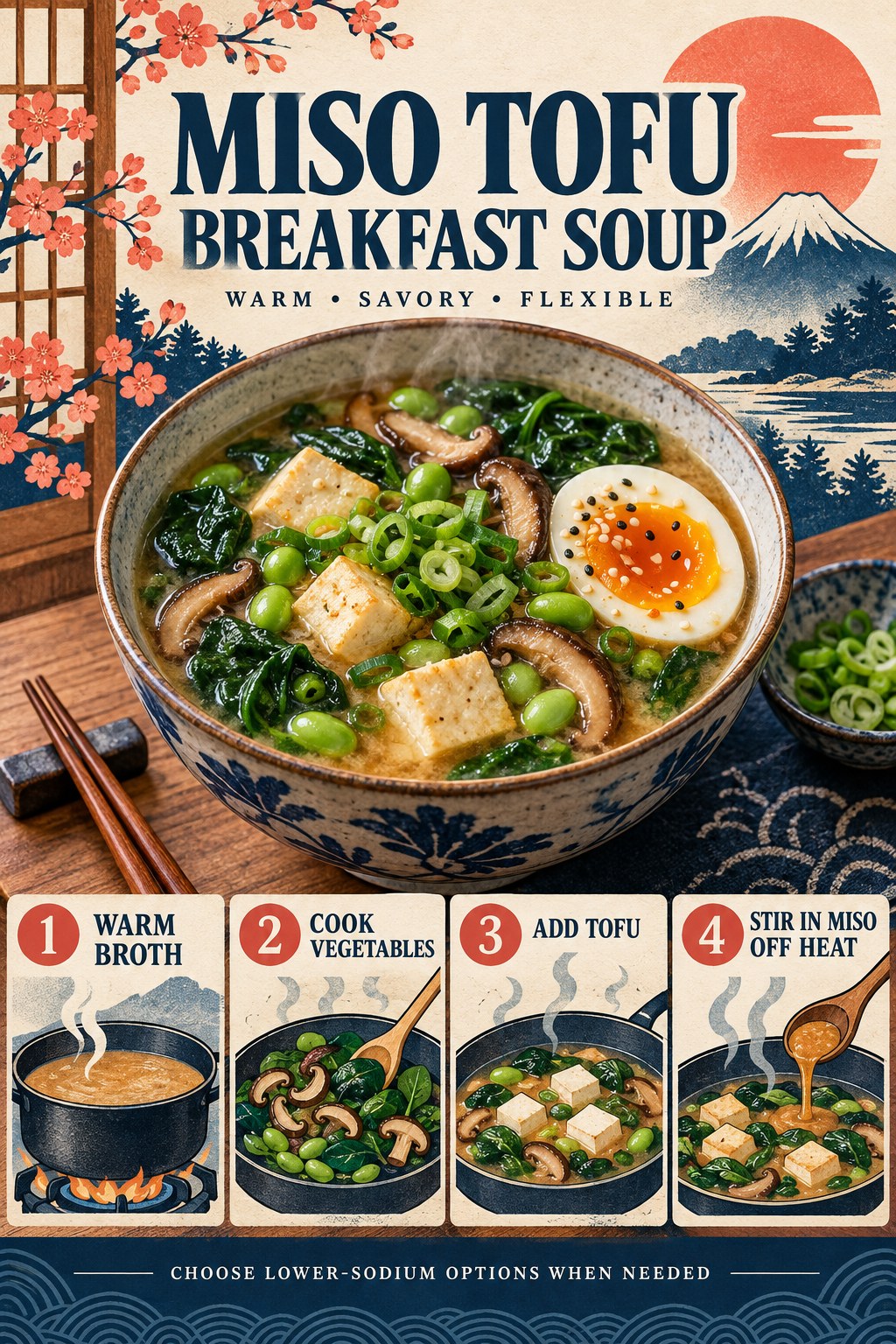 Portrait recipe infographic showing miso broth with tofu, edamame, mushrooms, spinach, scallions, and an optional egg with four cooking steps.