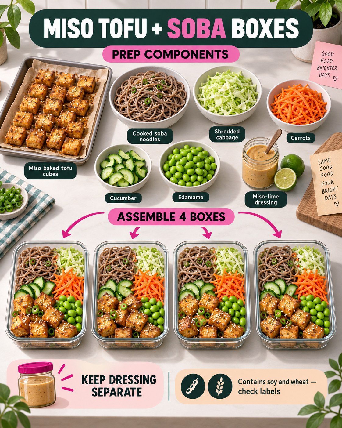 Infographic with miso tofu, soba, vegetables, edamame, four meal-prep boxes, and dressing packed separately.