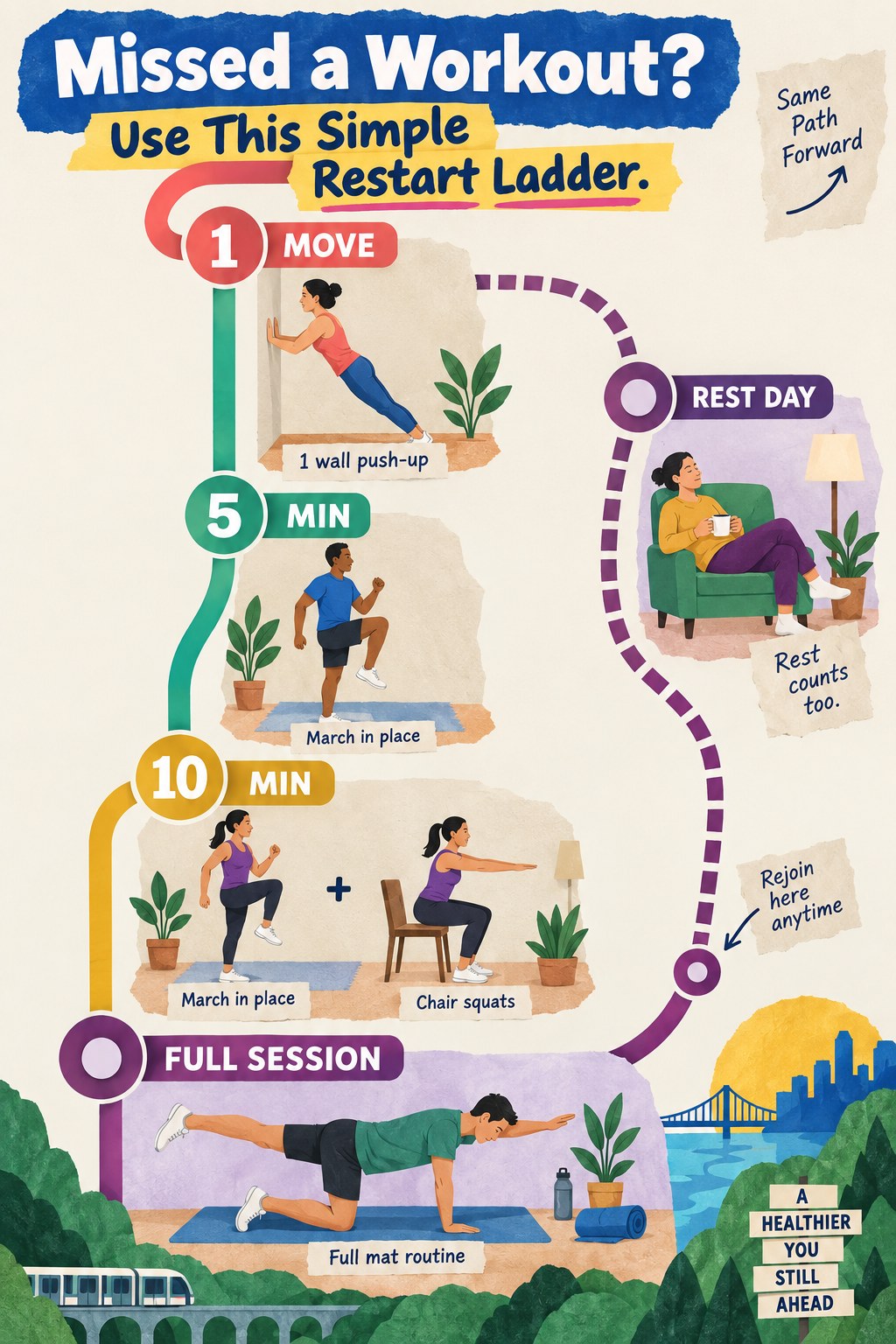 Colorful restart ladder with options for one move, five minutes, ten minutes, a full session, or a rest day.