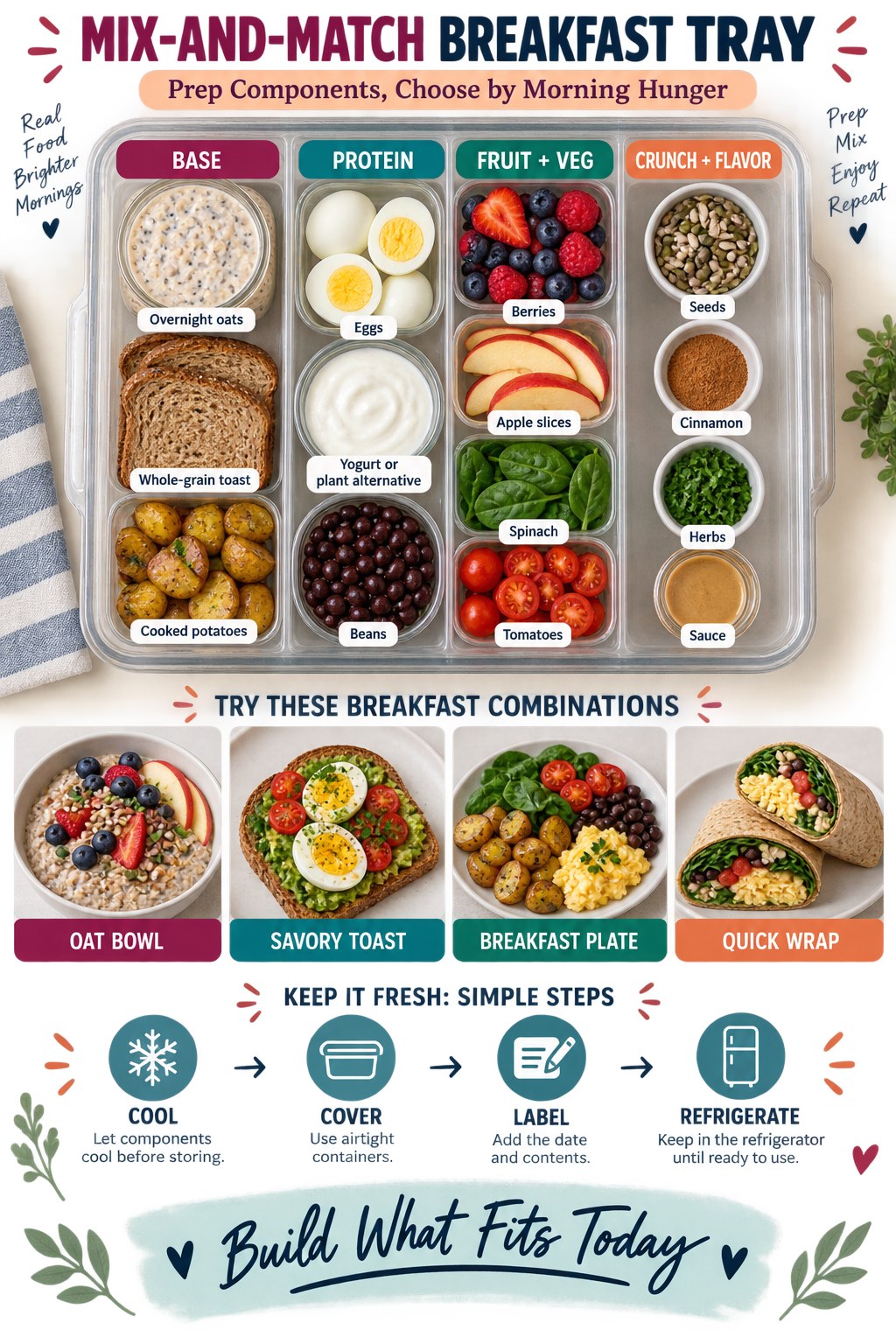 Portrait infographic showing a breakfast tray with base, protein, produce, flavor zones, and four meal combinations.
