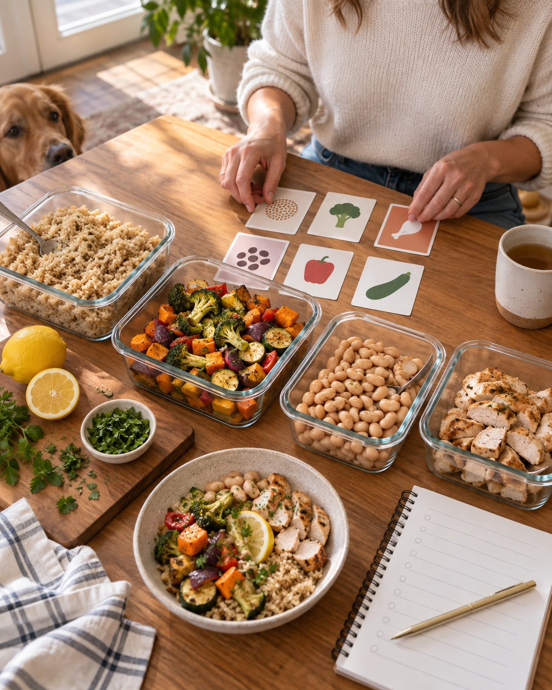 Woman arranging grains, roasted vegetables, beans, chicken, and meal-planning cards