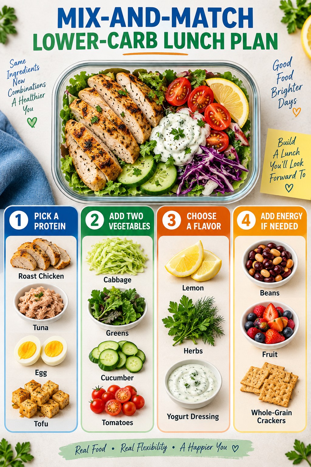 Mix-and-match lunch plan with chicken, tuna, egg, tofu, vegetables, lemon, herbs, dressing, beans, fruit, and crackers.
