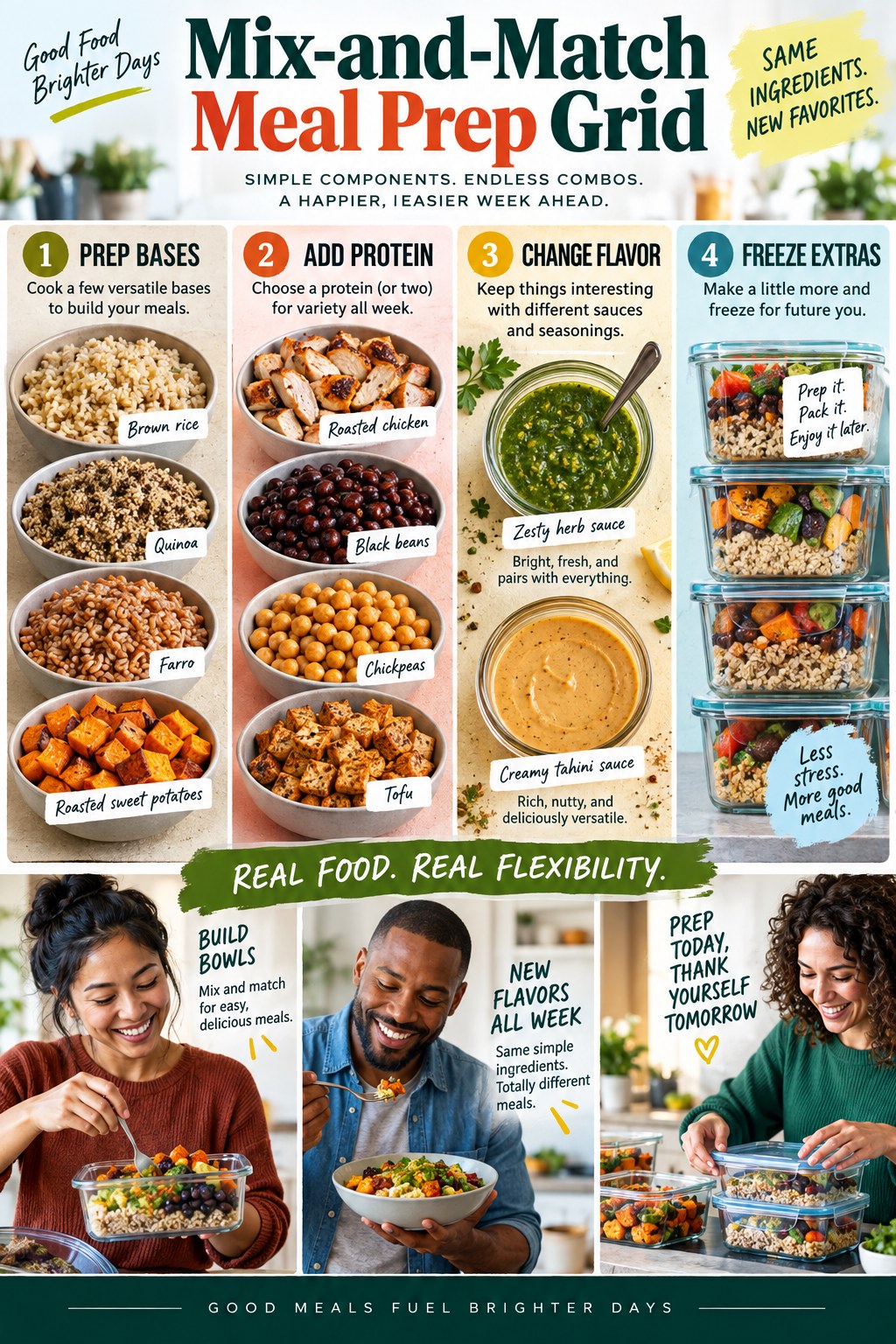 Portrait infographic showing a mix-and-match meal prep grid with grains, roasted vegetables, chicken, beans, tofu, two sauces, and freezer containers.