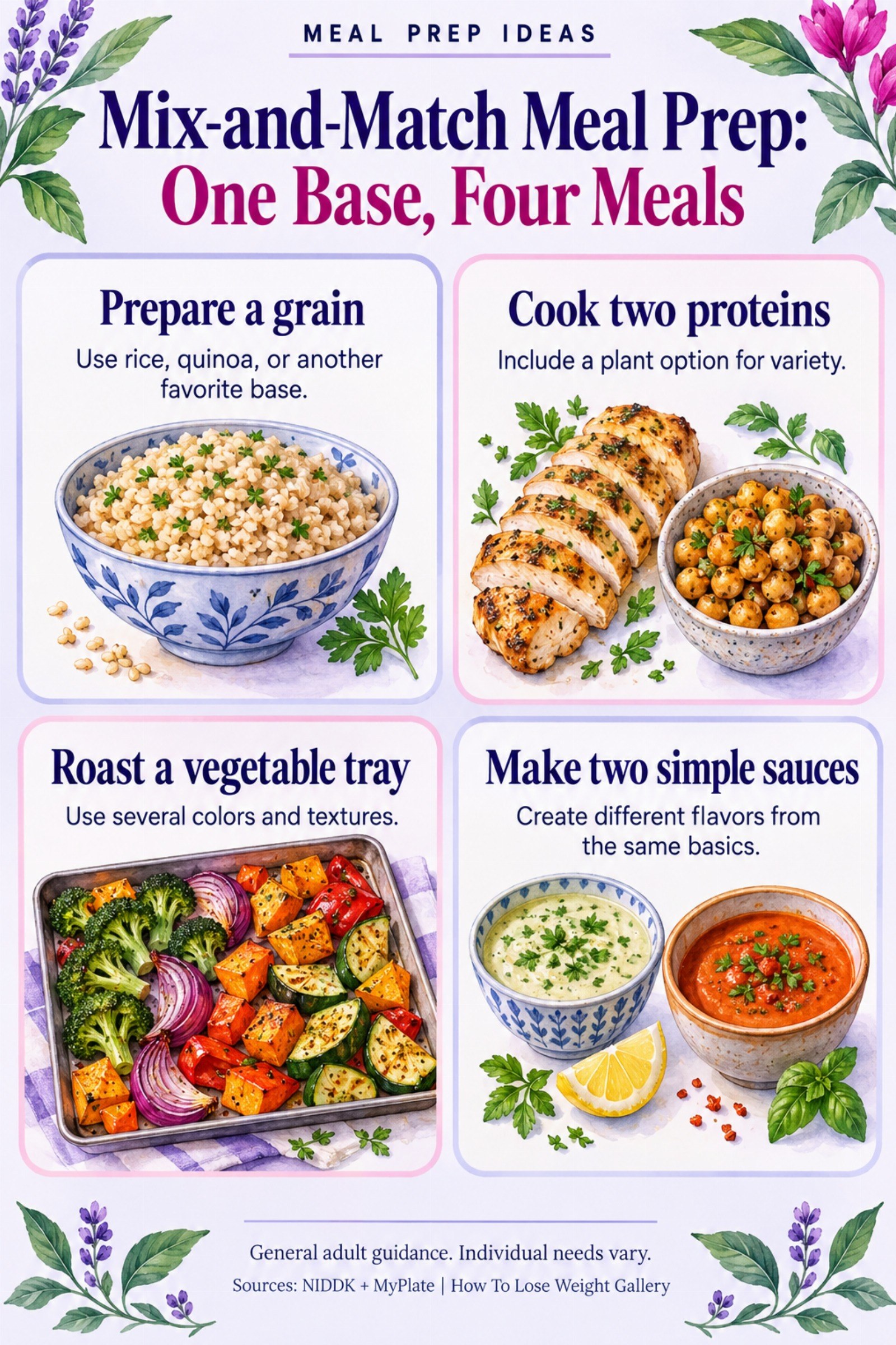 Colorful infographic titled Mix-and-Match Meal Prep: One Base, Four Meals with four illustrated tips for Meal Prep Ideas.