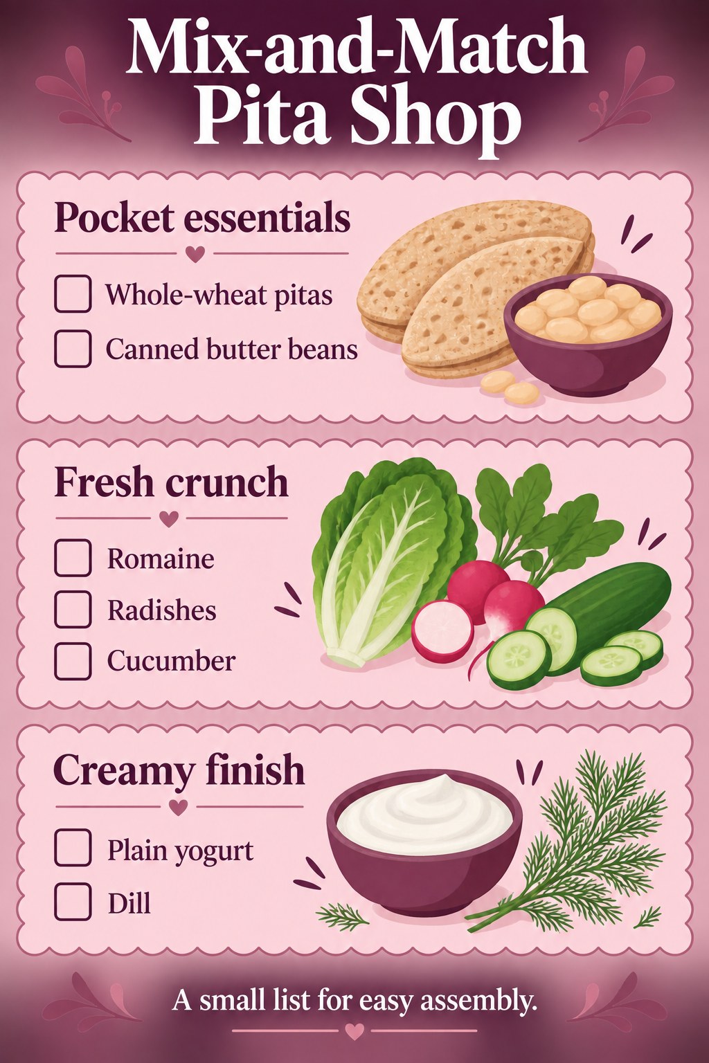 Plum and pink pita grocery checklist showing pocket essentials, fresh crunch and a creamy yogurt dill finish.