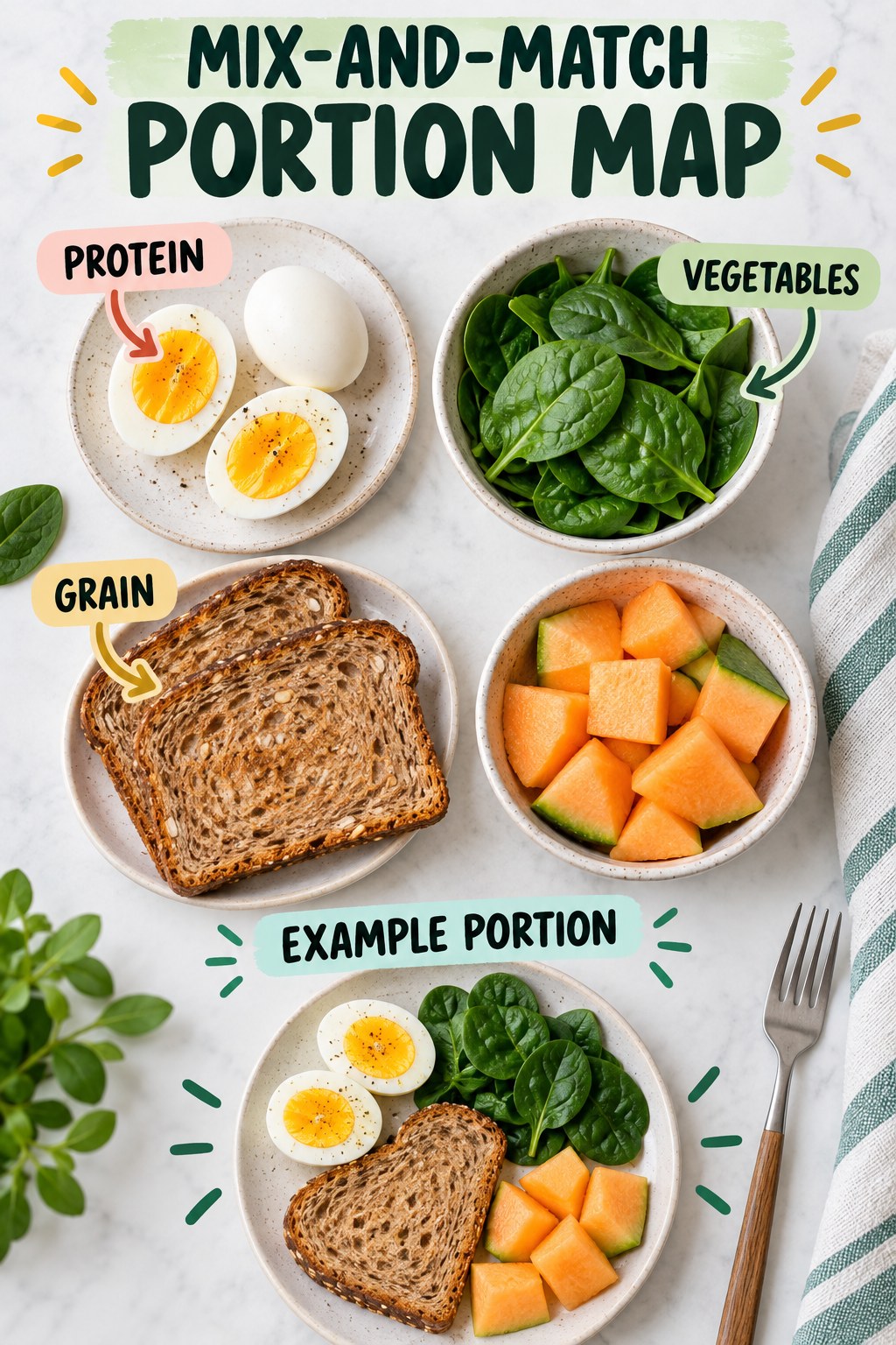 Mix-and-Match Portion Map visual using eggs, whole-grain toast, spinach, and melon as flexible example portions for Weight Loss Meal Plans.