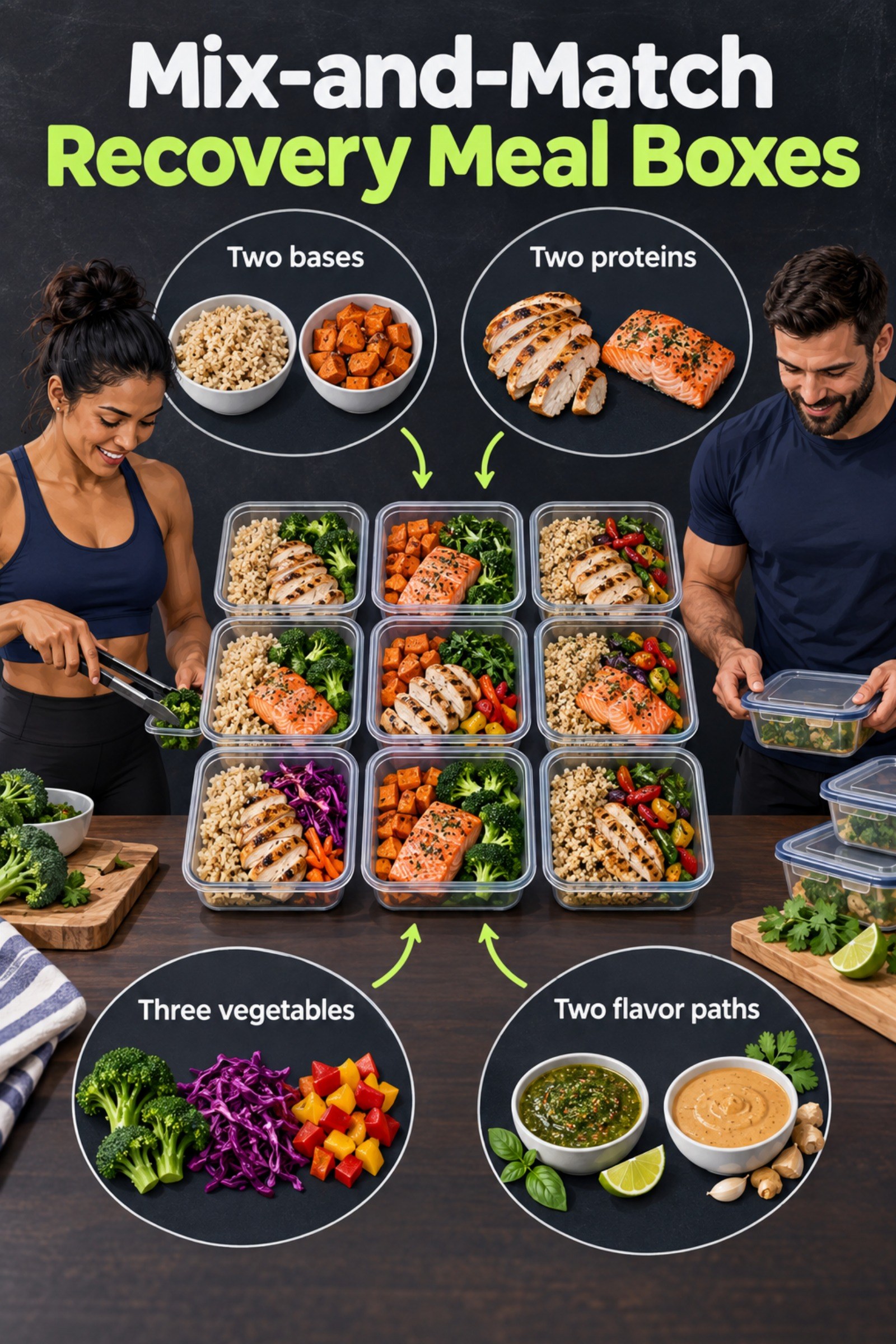 Modular container grid with interchangeable bases, proteins, plants, and flavors. The image supports Mix-and-Match Recovery Meal Boxes.