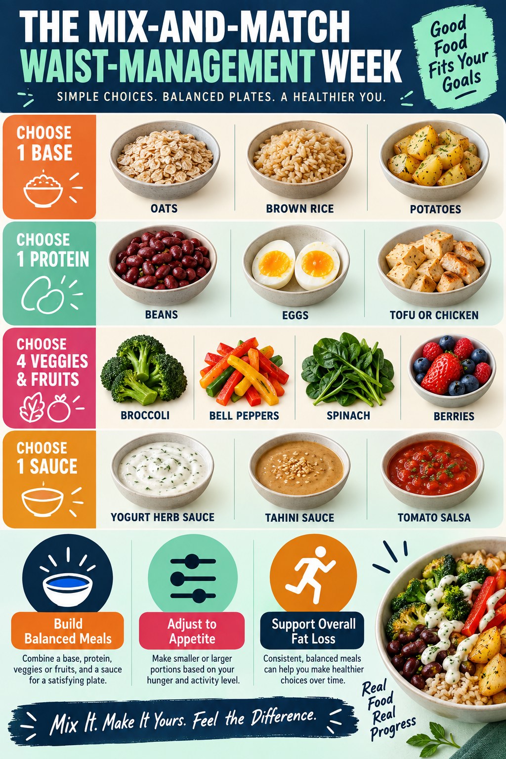 Portrait mix-and-match meal grid with oats, rice, potatoes, protein foods, colorful produce, sauces, and balanced-bowl examples.