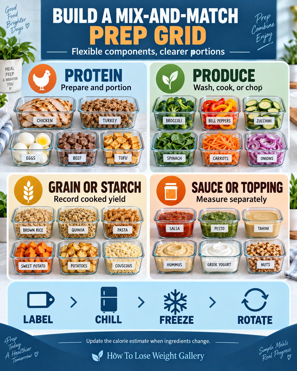 Mix-and-match meal-prep grid with protein, produce, grain or starch, sauces and toppings, plus storage steps