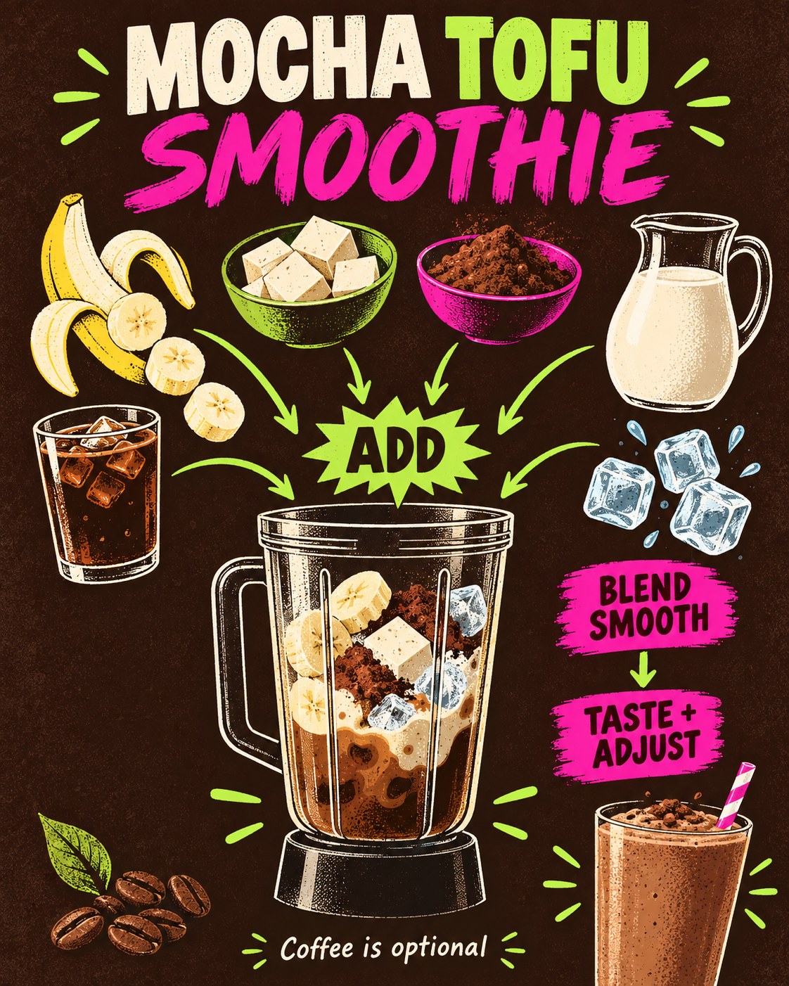 Cocoa brown, lime, and magenta screen-print infographic showing tofu, banana, cocoa, milk, ice, coffee, and a blender smoothie.