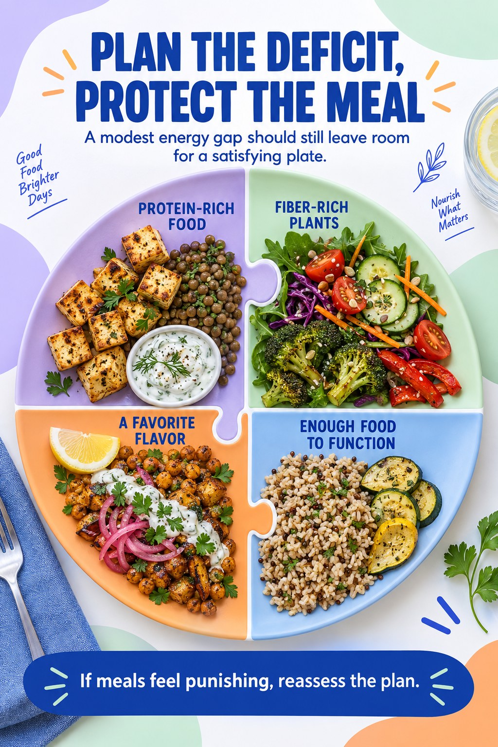 Lavender, blue, apricot, and mint infographic showing four puzzle-piece meal sections for protein, fiber-rich plants, flavor, and enough food to function.