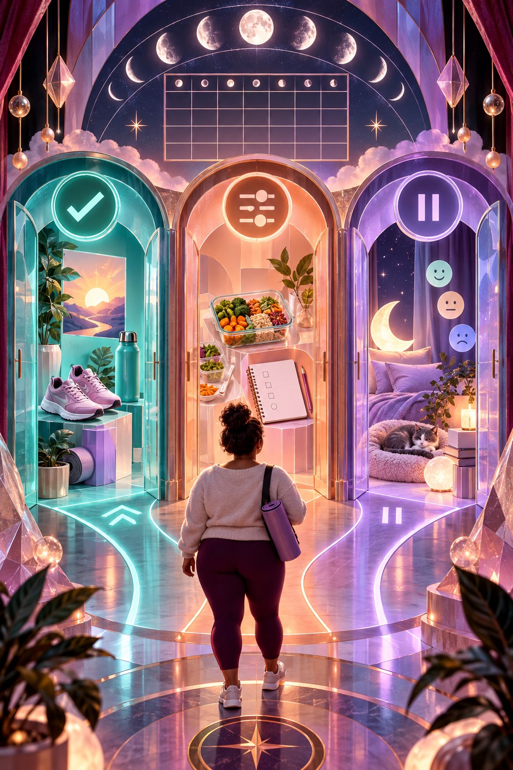 Neon paper-theater gallery with three portals for keeping, adjusting, or pausing a habit beneath a moon-phase calendar.