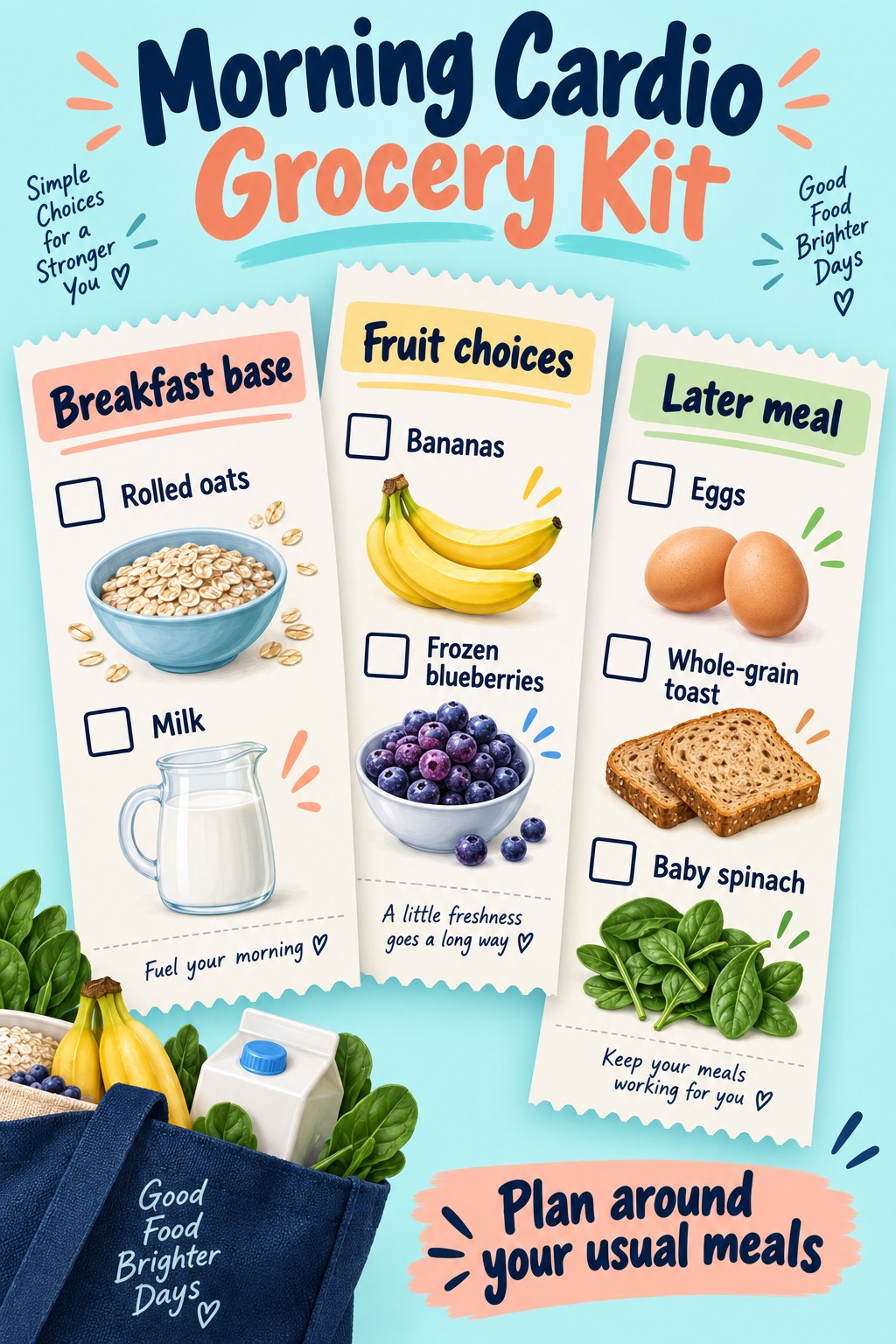 Grocery tickets listing oats, milk, bananas, blueberries, eggs, whole-grain toast, and spinach for a morning cardio routine.