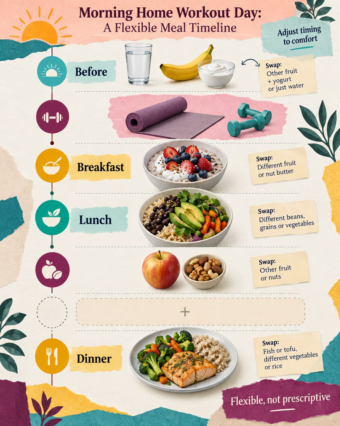Paper-collage timeline showing optional pre-workout food, home exercise, breakfast, lunch, snack, dinner, and swaps.