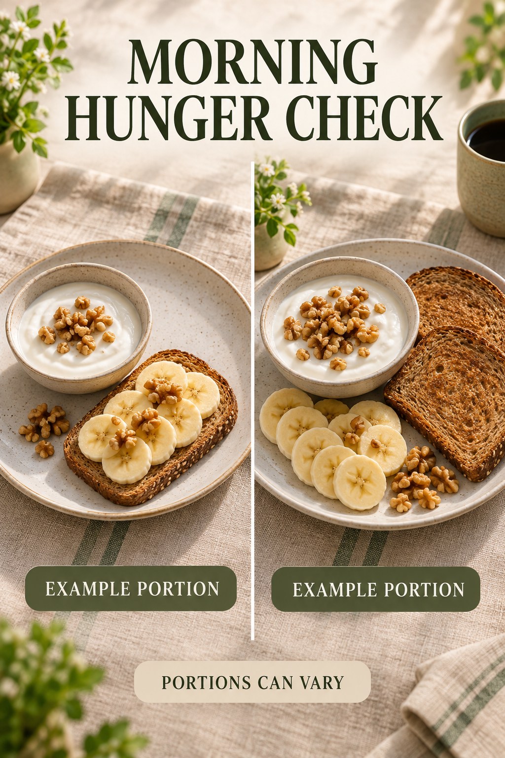 Morning Hunger Check visual using plain yogurt, whole-grain toast, banana, and walnuts as flexible example portions for Healthy Breakfast Recipes.