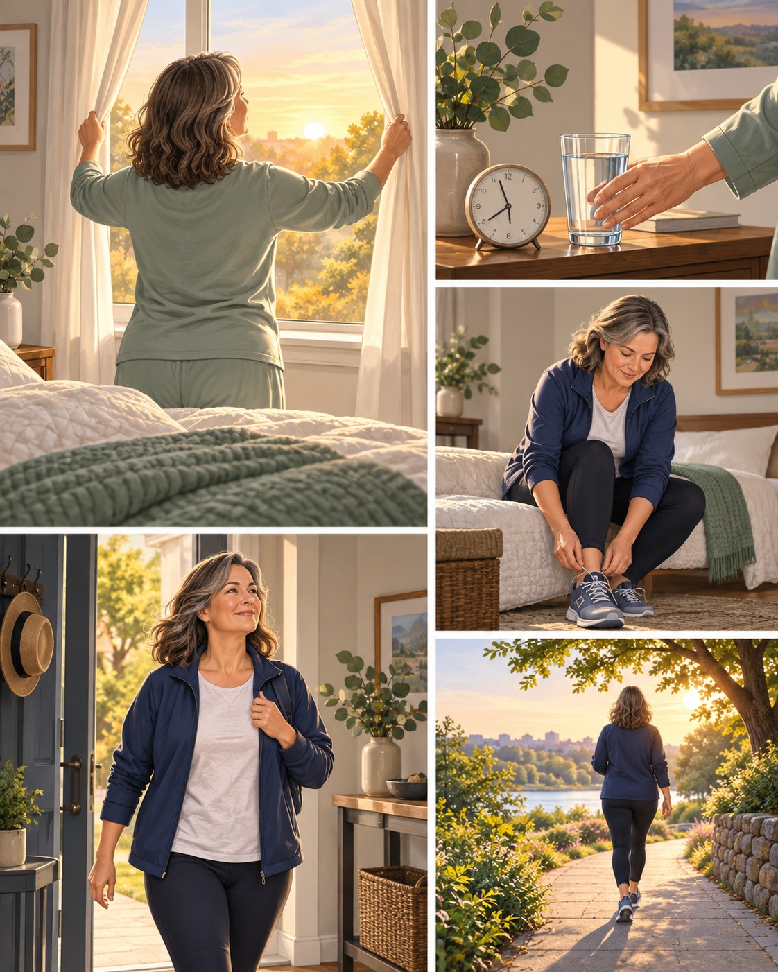 Middle-aged woman opening curtains, drinking water, tying walking shoes, and taking a morning walk