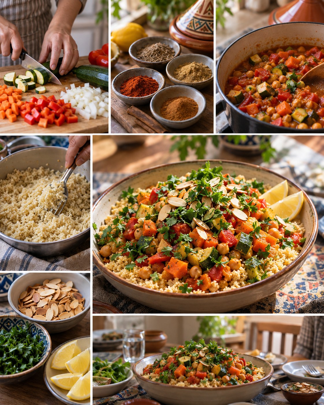 Moroccan-inspired couscous topped with chickpeas, zucchini, carrots, peppers, tomatoes, herbs, lemon, and almonds