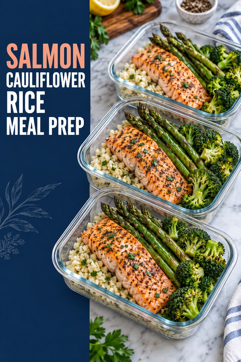 Three containers of motivation-friendly salmon cauliflower rice prep boxes with salmon, cauliflower rice, asparagus, and broccoli.