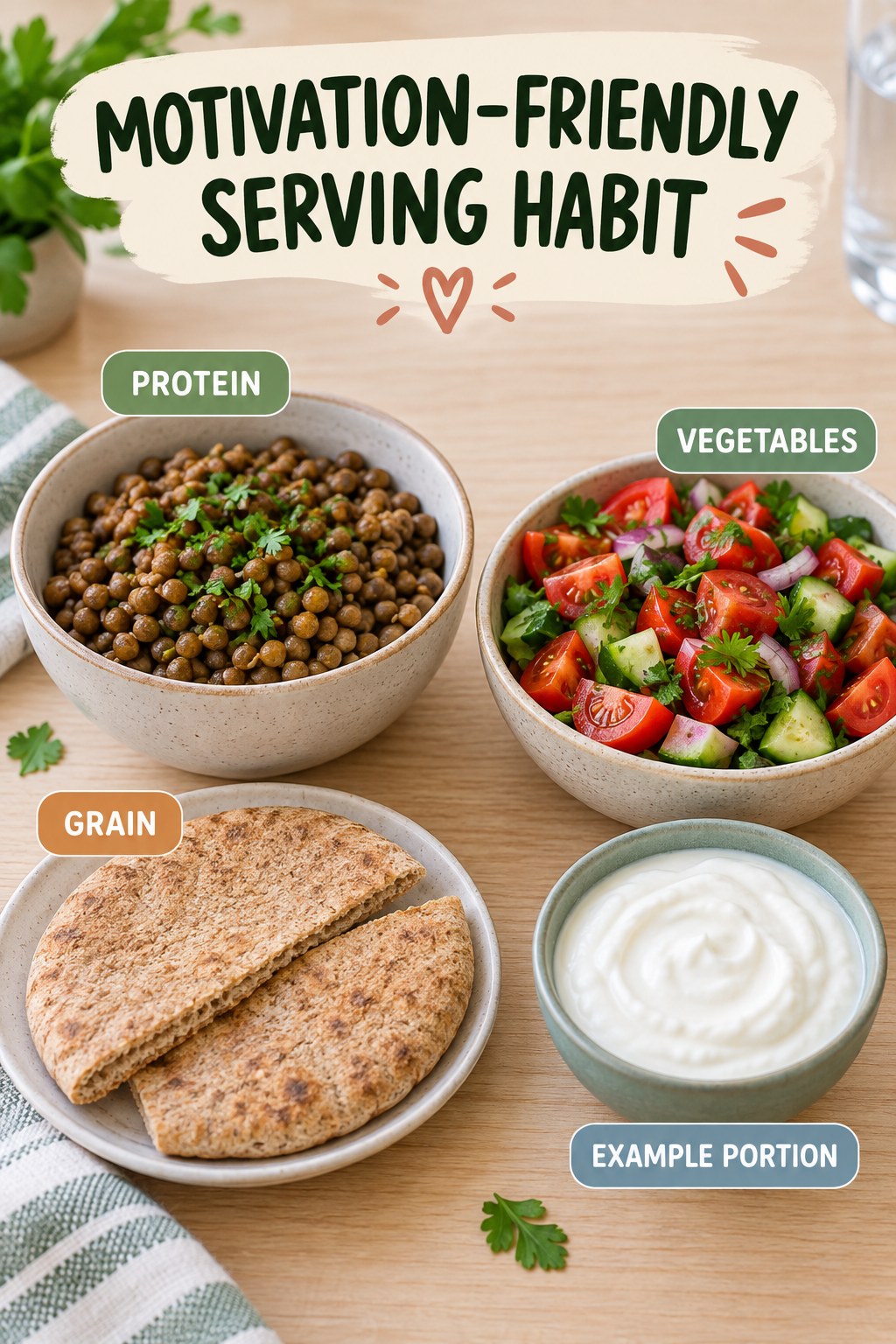 Motivation-Friendly Serving Habit visual using lentils, whole-grain pita, tomato salad, and plain yogurt as flexible example portions for Weight Loss Motivation.