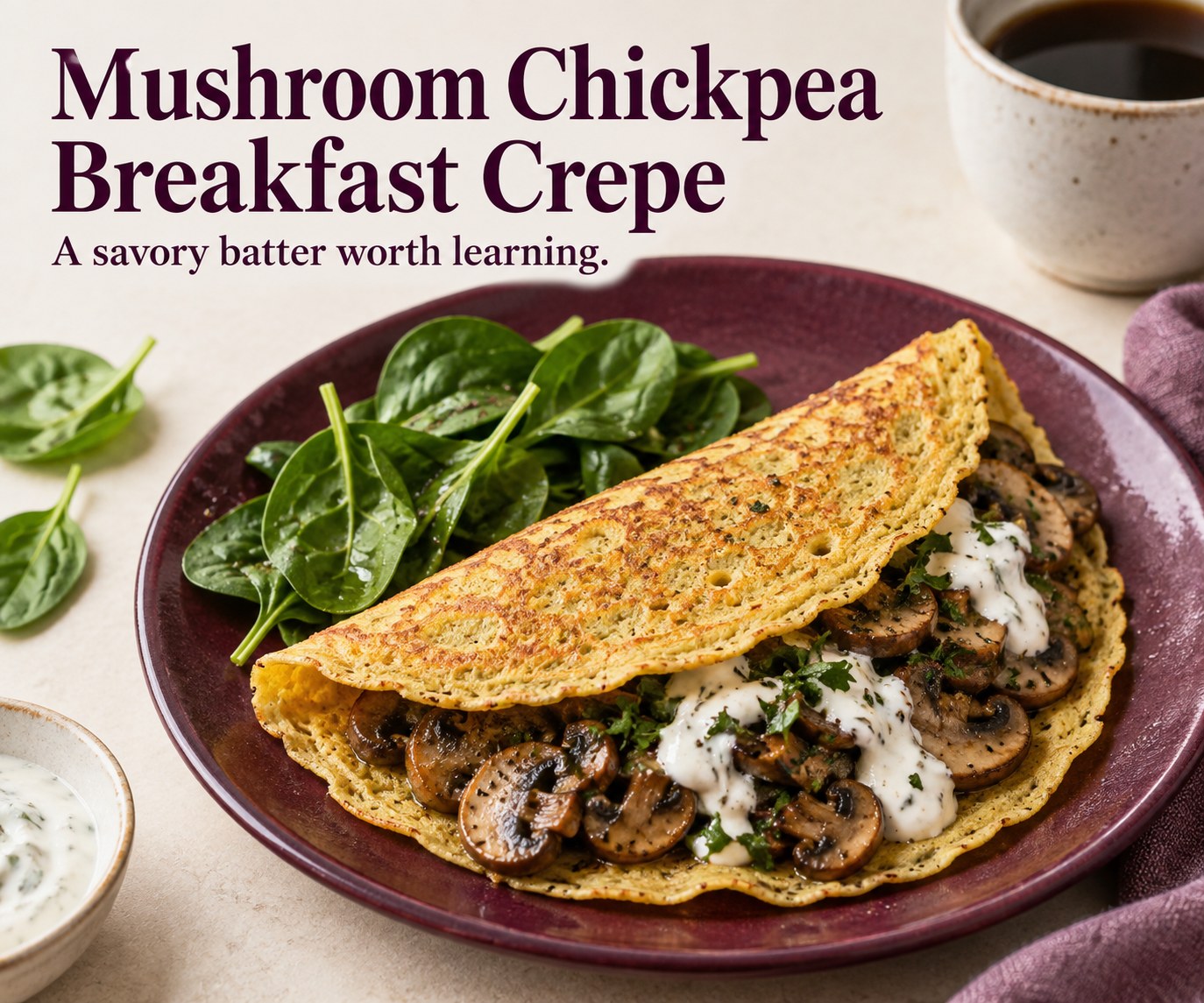 Golden chickpea crepe filled with sauteed mushrooms and yogurt sauce on a plum plate.