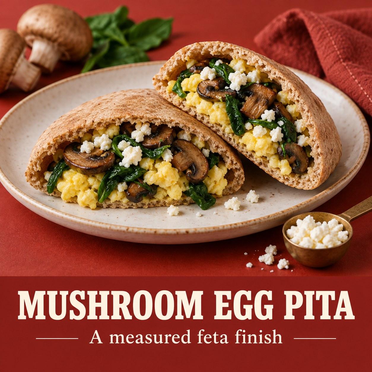 A whole wheat pita filled with cooked egg, mushrooms, spinach, and feta beside the text Mushroom Egg Pita.