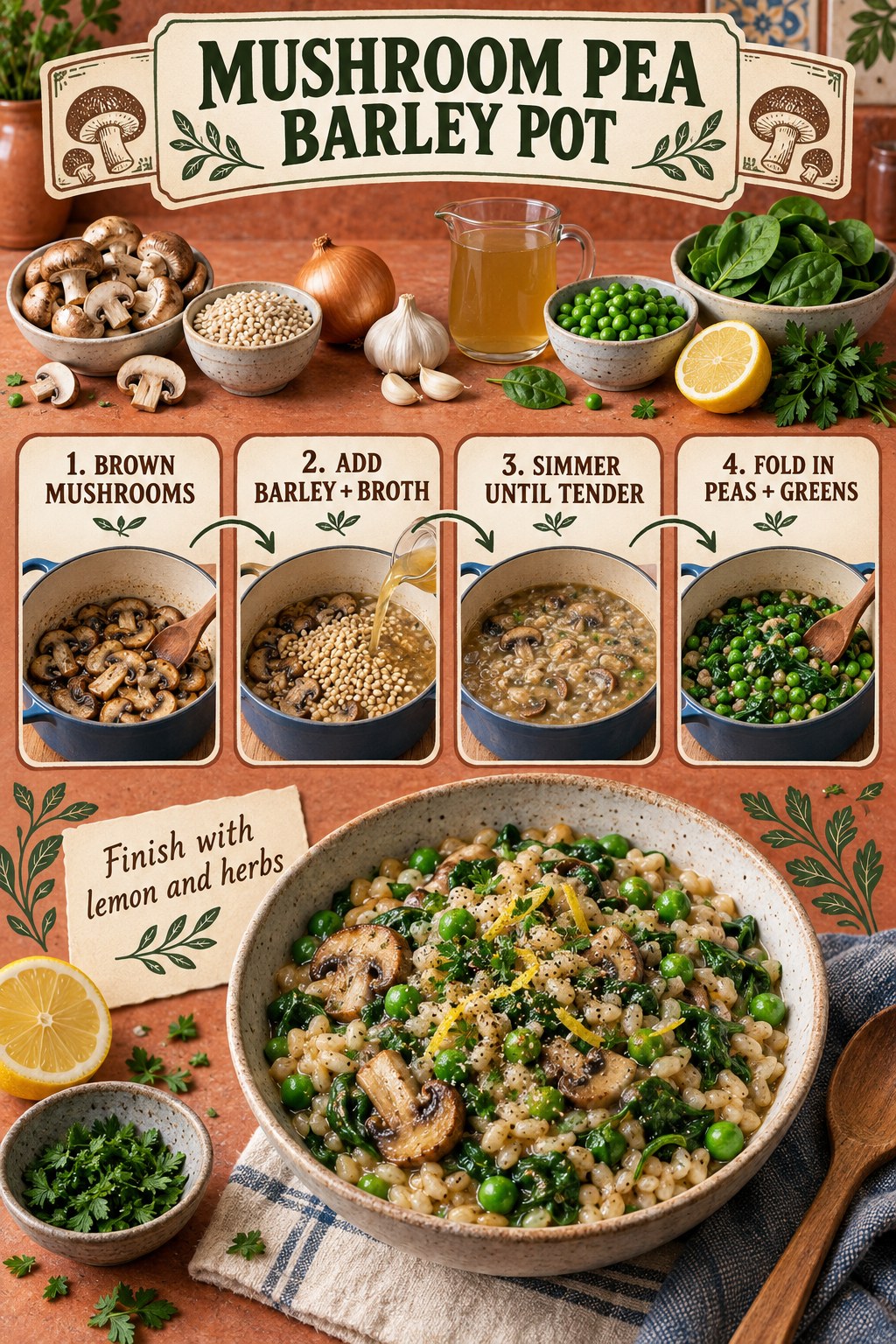 Terracotta recipe infographic showing mushrooms browned, barley simmered in broth, and peas and spinach folded into one pot.