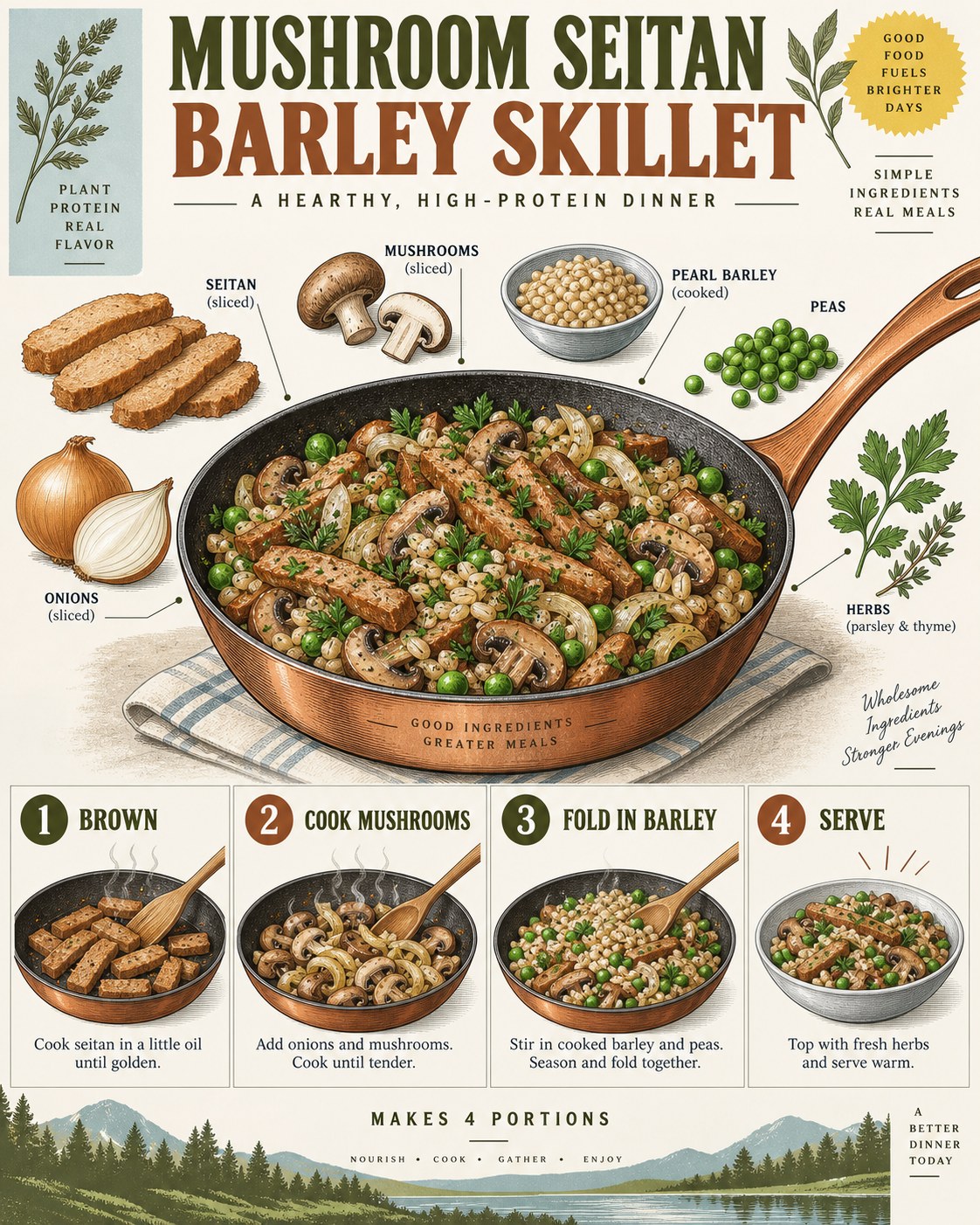 Olive, copper, pale blue, mustard, gray, and ivory technical-drawing infographic for a seitan-barley skillet.