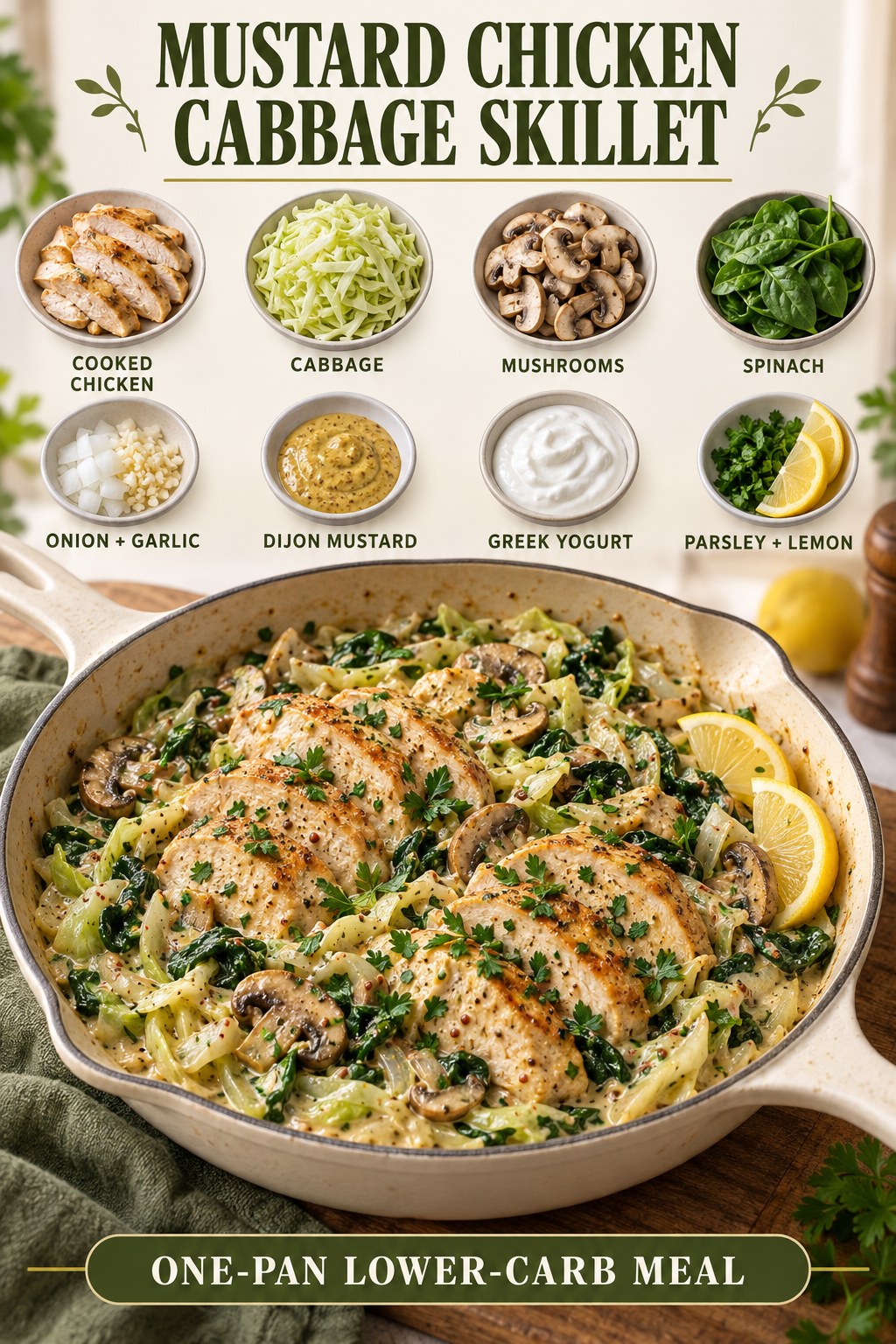 Mustard chicken cabbage skillet with mushrooms, spinach, Dijon yogurt sauce, parsley, and lemon