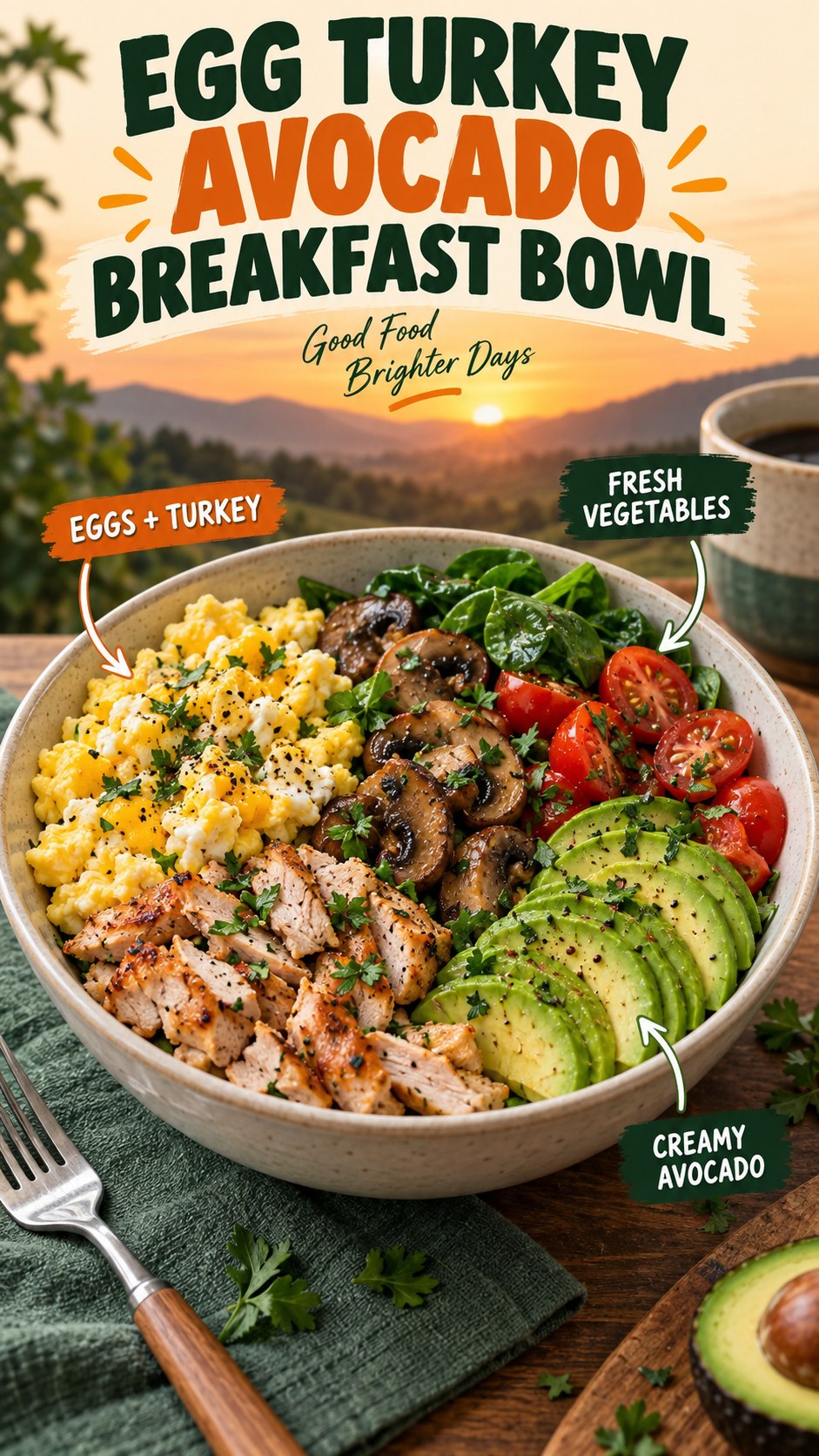 Sunrise infographic showing cooked eggs, lean turkey, avocado, spinach, tomatoes, mushrooms, and herbs in a bowl