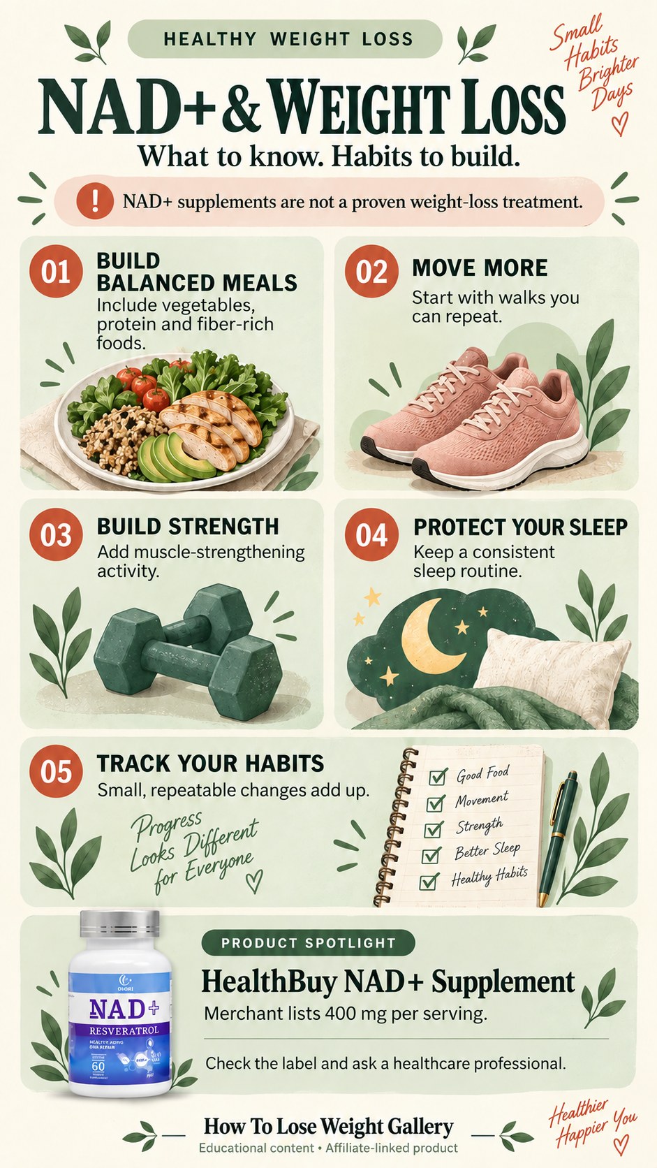 NAD+ and weight loss infographic with five habits: balanced meals, walking, strength training, sleep and habit tracking, plus a HealthBuy NAD+ supplement spotlight.