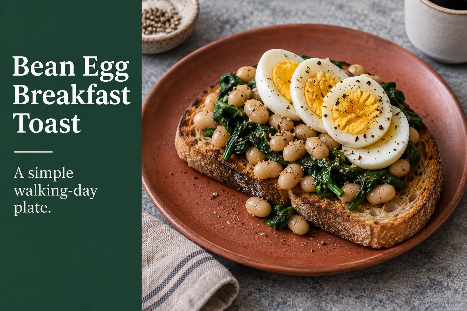 Sourdough toast topped with navy beans, wilted spinach, and a sliced cooked egg on a rust-colored plate.