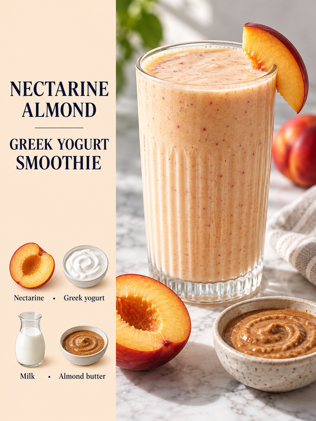 Nectarine almond yogurt smoothie in a glass with nectarine slices and almond butter shown in a clean ingredient-card composition.
