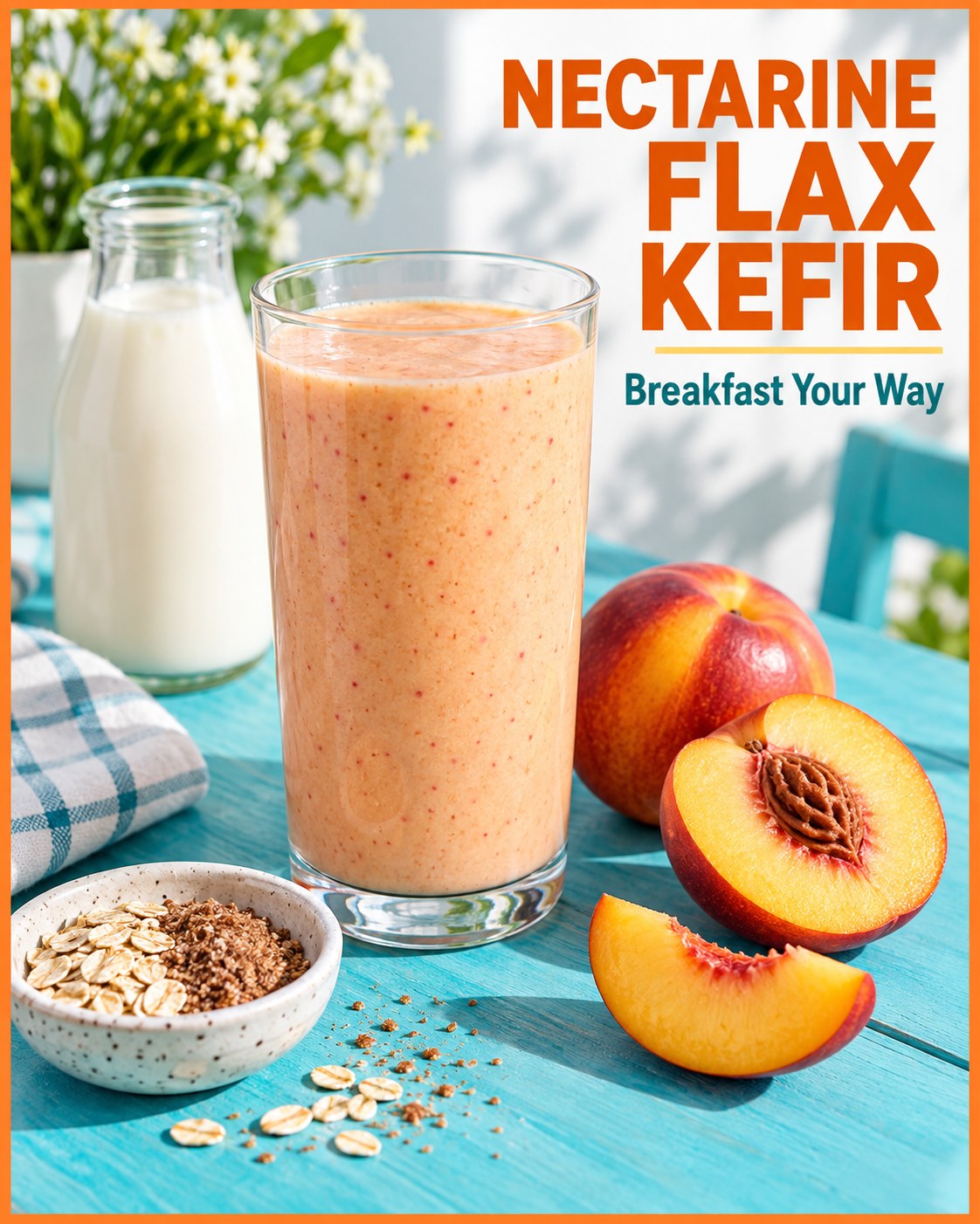 Peach-colored nectarine kefir smoothie beside nectarines and ground flax, with Nectarine Flax Kefir and Breakfast Your Way text.