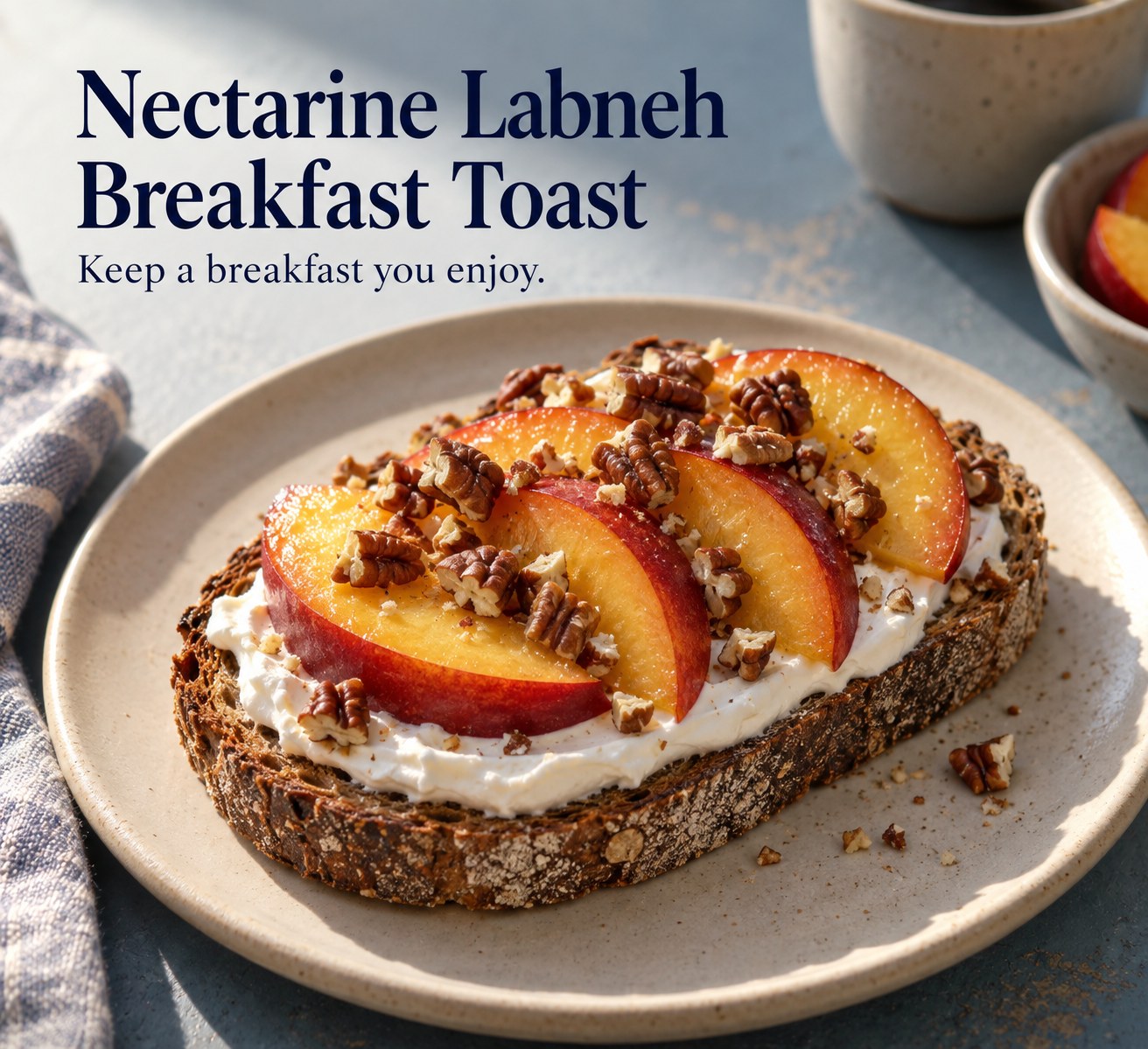 Rye toast spread with labneh and topped with nectarine slices and chopped pecans on a cream plate.